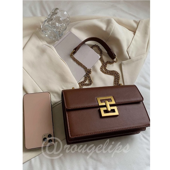 Brown PU Faux Leather Shoulder Bag Yellow Gold Tone Buckle Flap Chain Strap - Picture 3 of 11